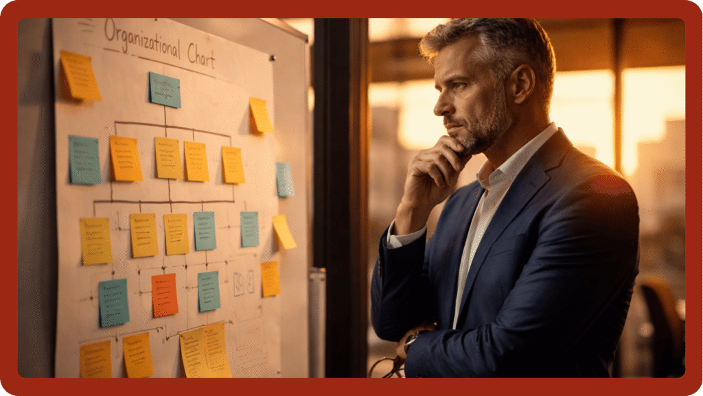 Gün batımında ofiste beyaz tahtadaki organizasyon şemasını inceleyen yönetici