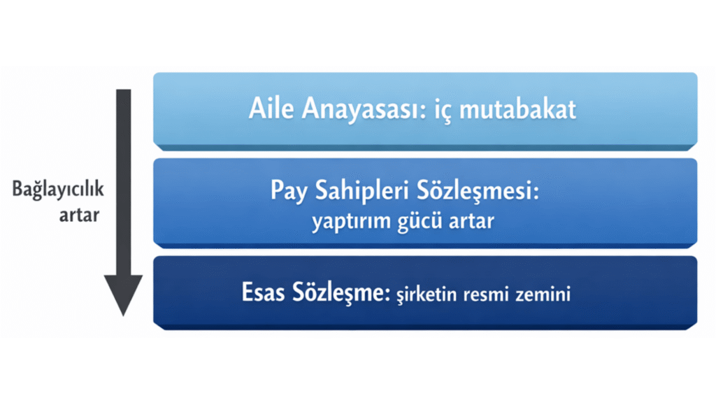 Aile anayasası, pay sahipleri sözleşmesi ve esas sözleşme arasındaki hukuki bağlayıcılık ilişkisinin üç katmanlı diyagramla gösterimi.