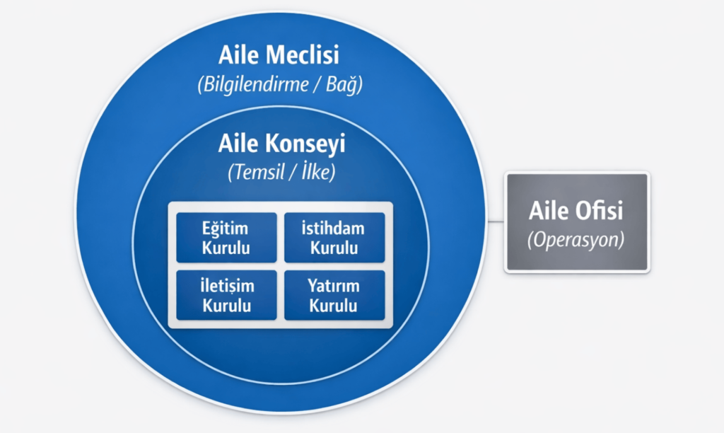 Aile yönetişimi kurumları şeması: Aile Meclisi, Aile Konseyi, aile kurulları ve aile ofisinin katmanlı yapısı.