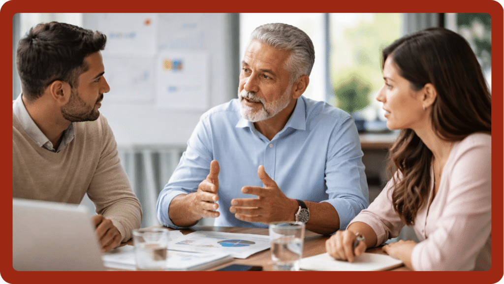 Aile şirketinde kuşaklar arası yönetim toplantısı yapan üç aile üyesi, ofis ortamında iş konularını değerlendiriyor.