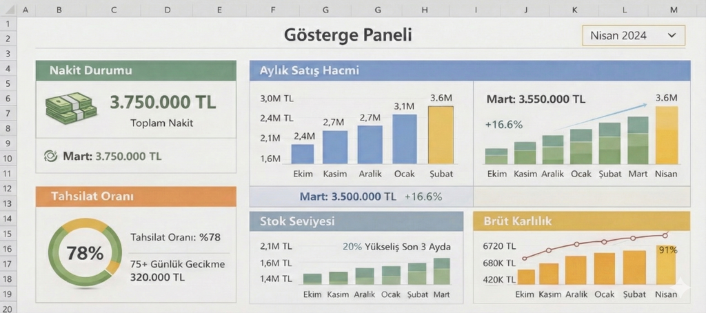 KPI dashboard örneği: nakit durumu, aylık satış hacmi, tahsilat oranı, stok seviyesi ve brüt kârlılık göstergelerini içeren yönetim paneli.