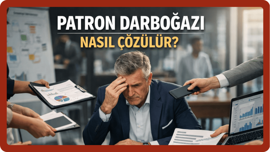 Masasında rapor ve cihazlarla bunalmış patron; kararların tek kişide kilitlendiği patron darboğazını anlatan ofis fotoğrafı.