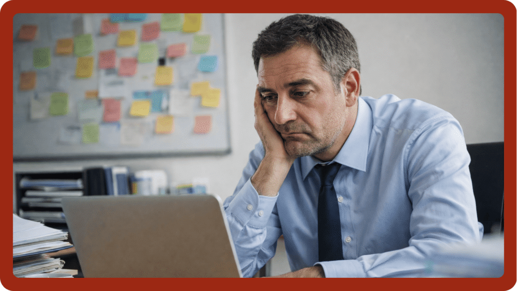 Ofis ortamında masasında çalışan ancak zihinsel olarak yorgun görünen beyaz yaka çalışan – presenteeism kavramını temsil eden görsel