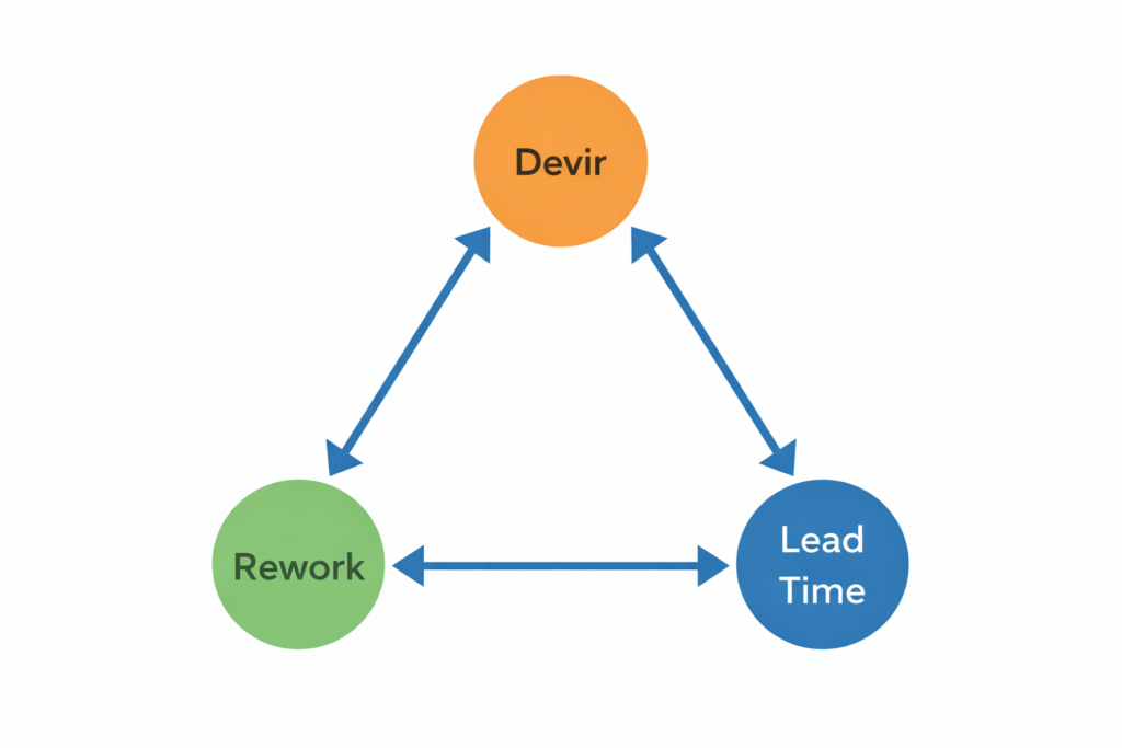 Presenteeism’i ölçmek için kullanılan üç metrik: Devir, Rework ve Lead Time arasındaki döngüsel ilişki diyagramı
