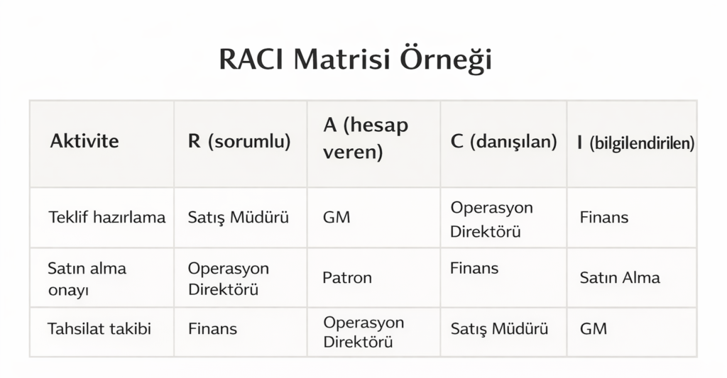 RACI matrisi örneği: teklif hazırlama, satın alma onayı ve tahsilat takibi adımlarında R, A, C ve I dağılımını gösteren tablo.