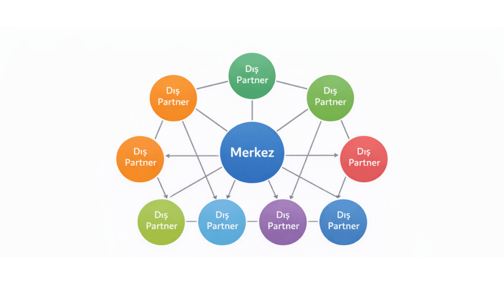Merkez şirketin etrafında sözleşmeli dış partner ve taşeronların yer aldığı ağ tipi organizasyon yapısı