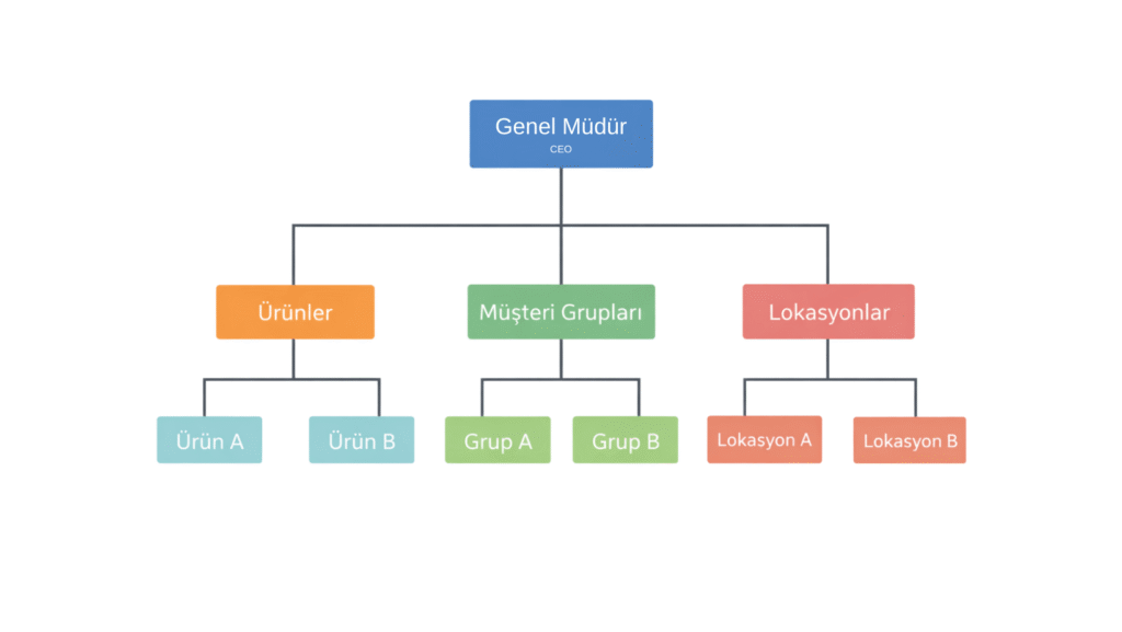 Bölümsel organizasyon şeması örneği; genel müdüre bağlı ürün, müşteri grubu veya lokasyon bazlı bölümlerin ayrı birimler olarak yapılandığı organizasyon modeli
