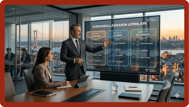 Kurumsallaşmanın adımları şeması: kuruluş, gelişme ve olgunluk safhalarında 10 adımın görsel özeti (İstanbul manzaralı toplantı odasında sunum ekranı).