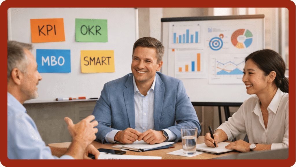 KPI, OKR, MBO ve SMART hedef araçlarının tartışıldığı yönetim toplantısı