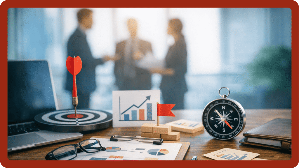 Şirket stratejik planlama sürecini temsil eden masa üzerinde grafikler, hedef tahtası ve pusula bulunan ofis sahnesi