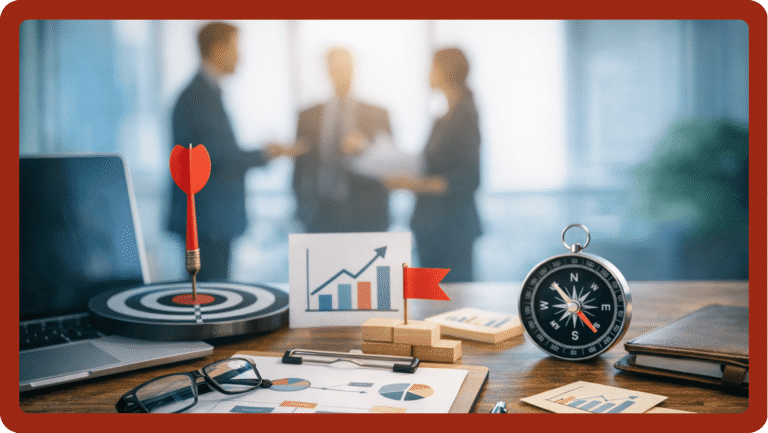 Şirket stratejik planlama sürecini temsil eden masa üzerinde grafikler, hedef tahtası ve pusula bulunan ofis sahnesi