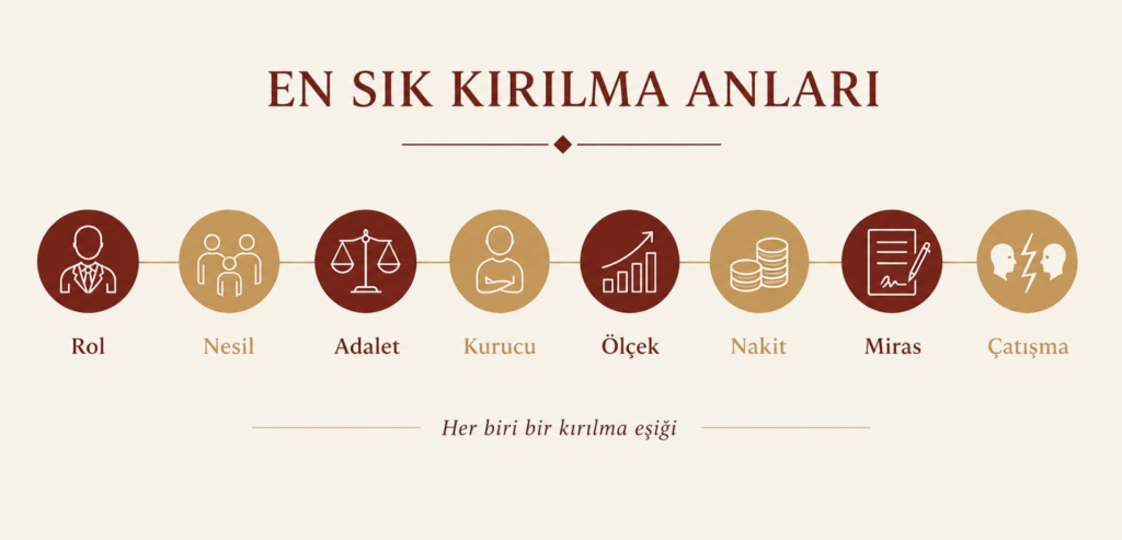 Aile şirketlerinde en sık görülen kırılma anlarını gösteren yatay infografik