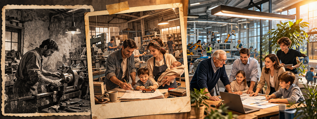 Aile şirketinin üç nesilde dönüşümünü gösteren atölyeden modern kurumsal yapıya geçiş görseli