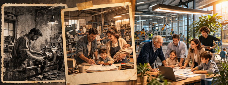 Aile şirketinin üç nesilde dönüşümünü gösteren atölyeden modern kurumsal yapıya geçiş görseli
