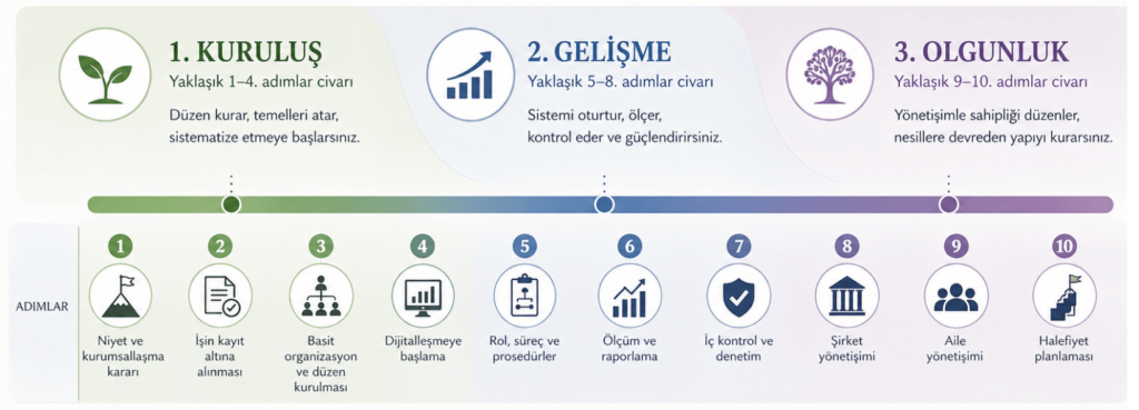Kurumsallaşmanın üç safhasını ve adımların bu safhalar içinde kademeli geçişini gösteren sade infografik