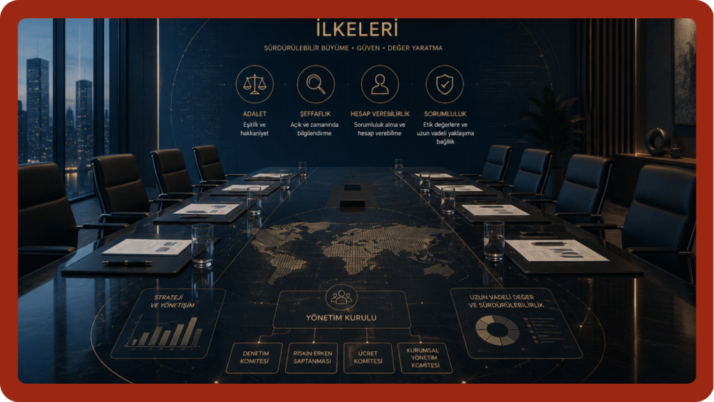 Kurumsal yönetim ilkelerini temsil eden modern yönetim kurulu toplantı odası ve stratejik yönetişim görseli