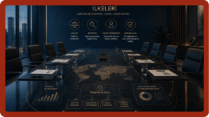 Kurumsal yönetim ilkelerini temsil eden modern yönetim kurulu toplantı odası ve stratejik yönetişim görseli