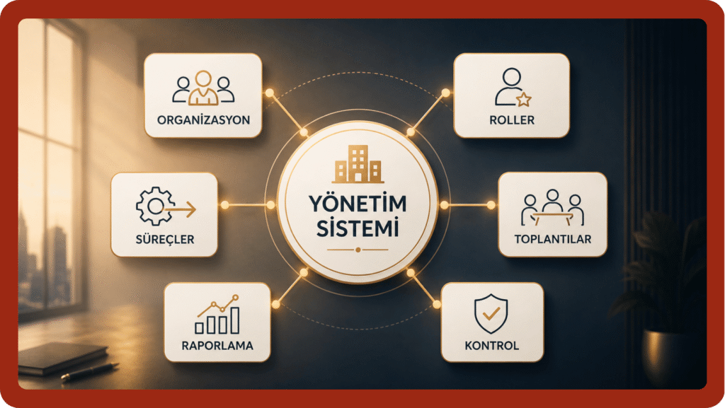 Kurumsallaşma danışmanlığı ile organizasyon, roller, süreçler, toplantılar, raporlama ve kontrol sistemlerinden oluşan yönetim sistemi şeması