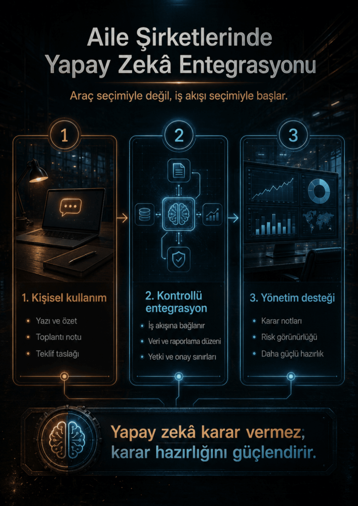 Aile şirketlerinde yapay zeka entegrasyonunun kişisel kullanımdan kontrollü entegrasyona ve yönetim desteğine geçişini gösteren infografik