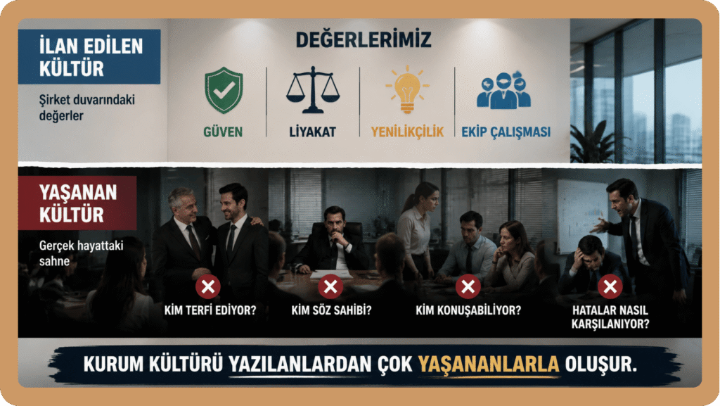 İlan edilen kurum kültürü ile çalışanların günlük hayatta yaşadığı kurum kültürü arasındaki farkı gösteren infografik.
