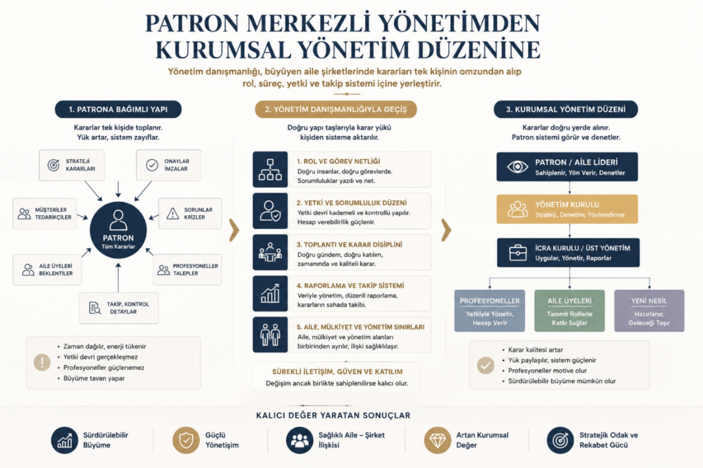 Yönetim danışmanlığıyla patron merkezli yapıdan kurumsal yönetim düzenine geçişi gösteren infografik