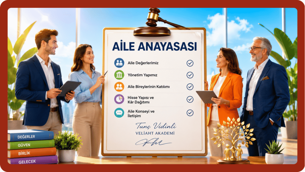 Aile şirketi üyeleri, aile anayasasının temel maddelerini gösteren kurulun etrafında